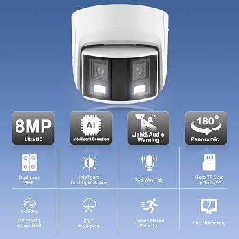 4K 180° Dual-Lens Security Turret Camera Outdoor, 8MP Panoramic